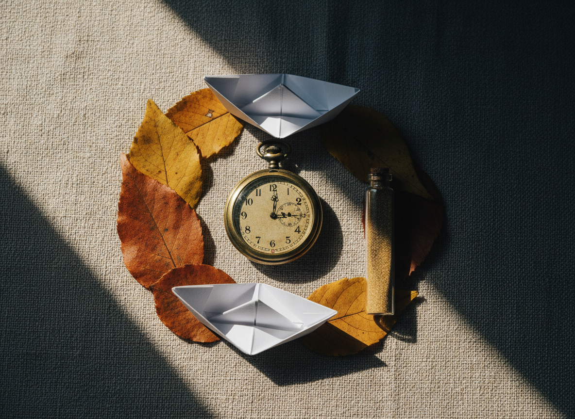 An overhead, photographic view of a carefully composed transformation altar on a textured linen cloth: a vintage brass pocket watch stopped at a precise time, dried autumn leaves, a folded paper boat, and a small glass vial of sand arranged in a subtle spiral, symbolizing life transitions and the passage of time. A slender line of sunlight cuts across the scene from a nearby window, creating a striking contrast between illuminated objects and soft shadow. The materials’ textures—cool metal, fragile leaf veins, translucent glass—are rendered in crisp detail, while the edges softly fade into blur. The mood is contemplative, sophisticated, and slightly enigmatic, inviting viewers to contemplate their own turning points through elegant photographic realism.
