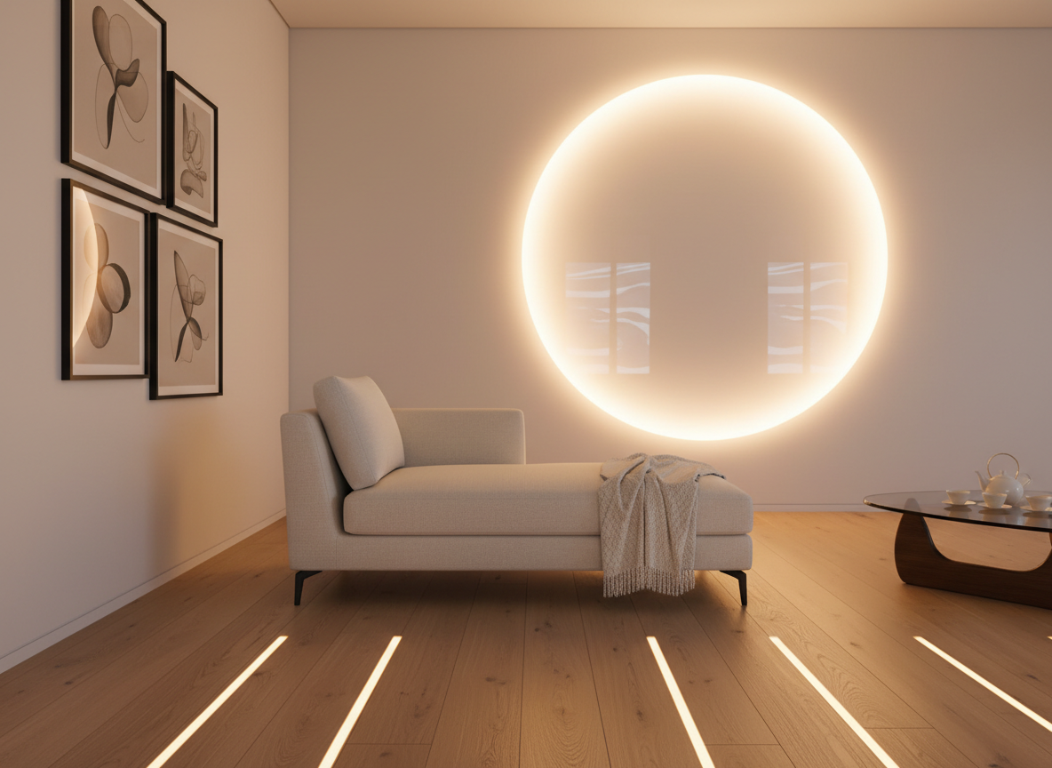 A contemporary, softly lit room with a neutral-toned chaise longue facing an abstract halo-like light installation, evoking deep relaxation and inner exploration.