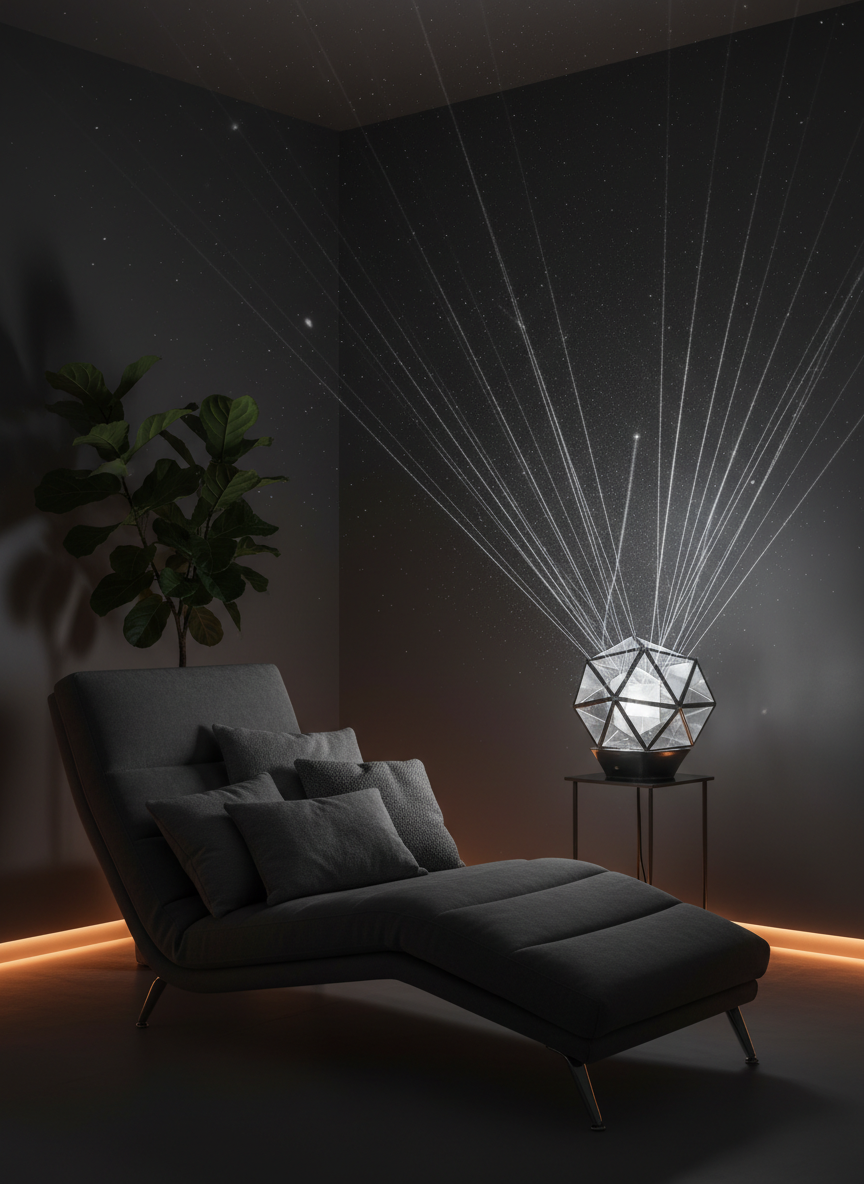 A dim, grounded room with a reclining lounge chair facing an intricate geometric light device, suggestive of a Pandora Star session.