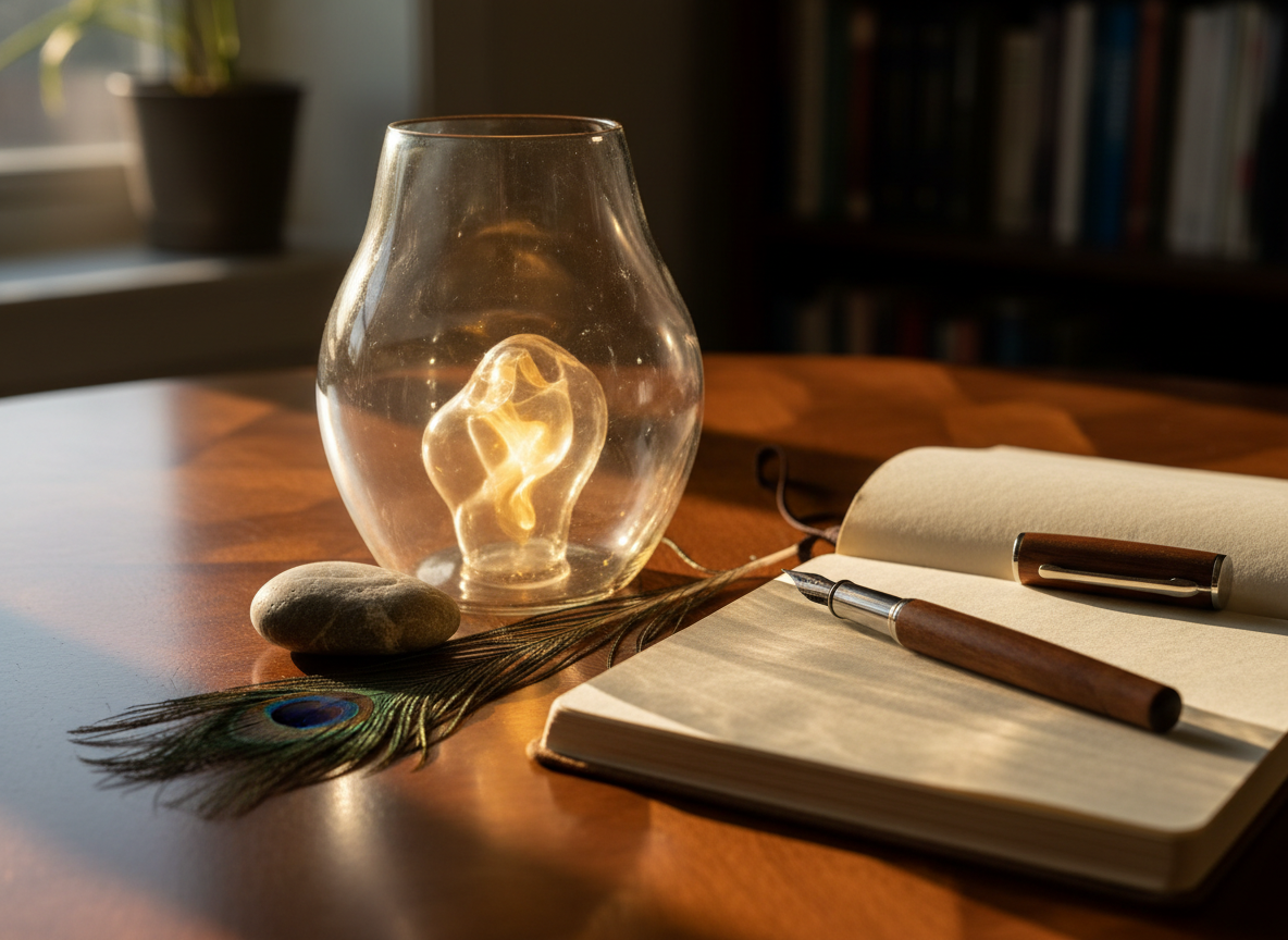 A polished wooden table holds a single hand-blown glass lantern, its interior filled with a soft, swirling golden light that suggests an inner spark awakening.