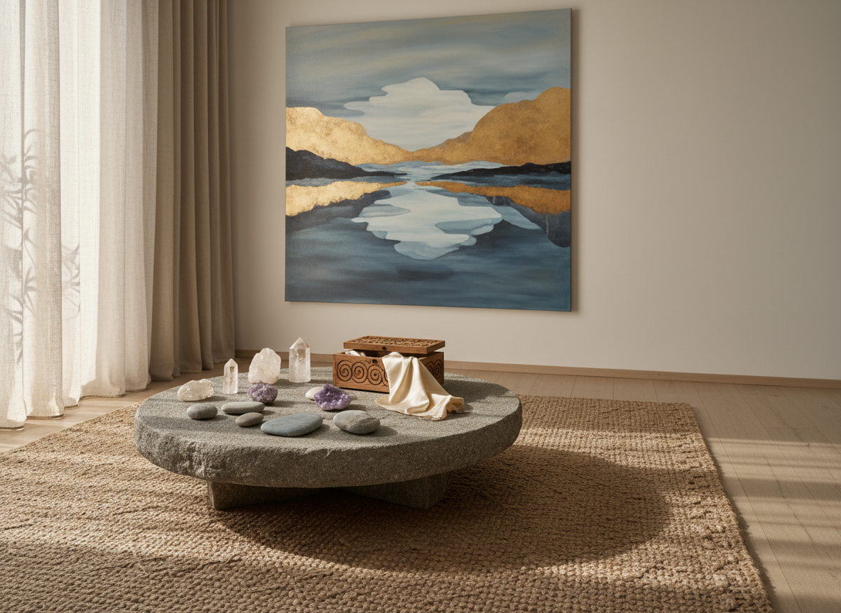 A serene, nature-inspired corner of a room, where a low, round stone table rests on a natural fiber rug. On the table lies a carefully arranged set of smooth crystals, river stones, and a small, intricately carved wooden box slightly ajar, revealing a soft interior cloth, implying sacred inner tools without cliché. Behind the table, a large abstract artwork in muted blues and golds suggests a journey inward through layered, organic shapes. Morning light filters through sheer linen curtains, casting delicate patterns on the floor and table surface. Shot at a slightly elevated, wide angle, the composition balances negative space with tactile detail. The atmosphere is sophisticated, quietly mystical, and grounded, showing an environment designed for gentle transformation and connection in high-end photographic realism.