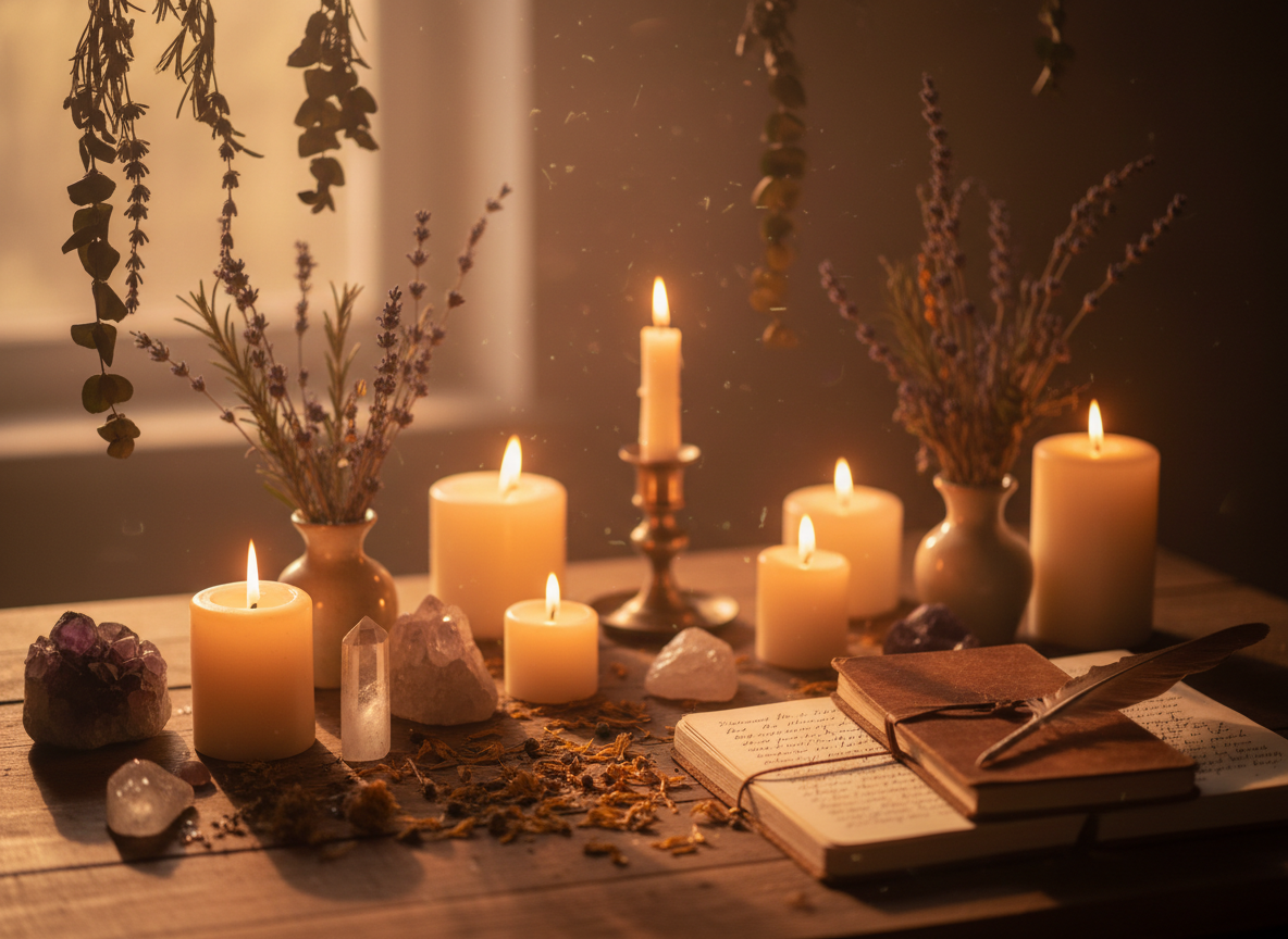 Softly glowing altar with candlelight, crystals, and a journal, evoking sacred self-inquiry